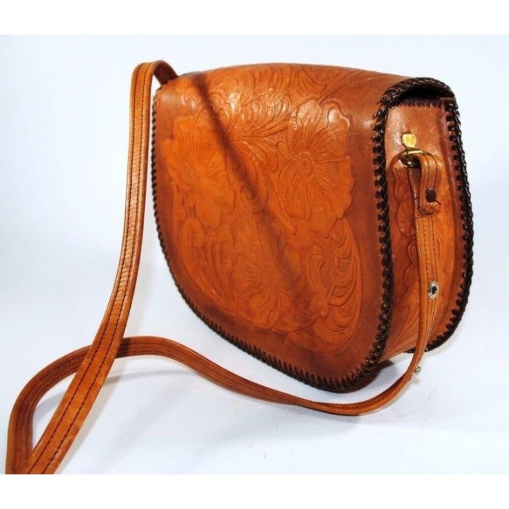 Handmade Tooled Brown Leather Saddle Style Handbag Original Pyrm - Picture 2 of 9